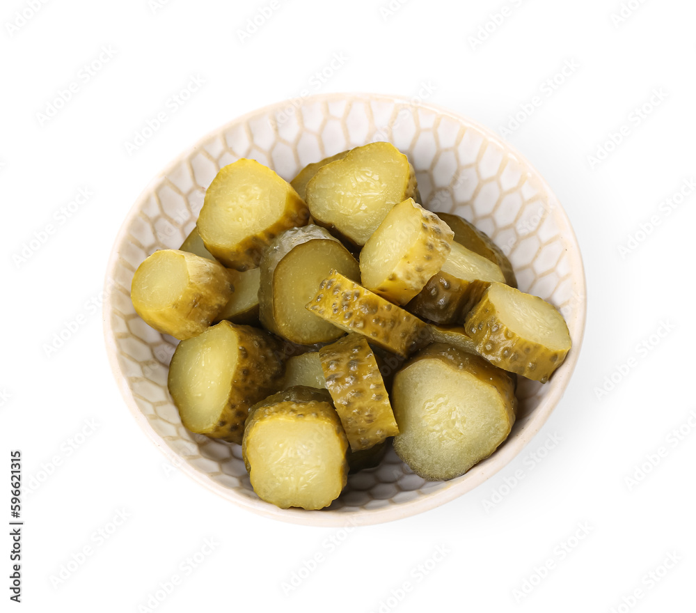 Bowl with tasty fermented cucumbers on white background Bowl with tasty fermented cucumbers on white background