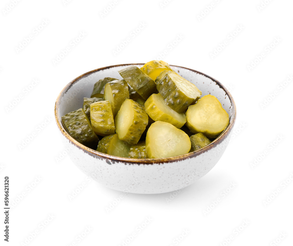 Bowl with tasty fermented cucumbers on white background Bowl with tasty fermented cucumbers on white background