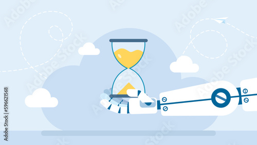 Robot holding up hourglass. 24 hours services. Technical support. Customer help. Tech support. Modern robotics artificial intelligence technology. Electronic technology industry. Vector illustration