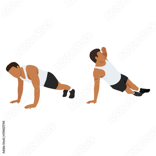 Man doing push up with a twist. Flat vector