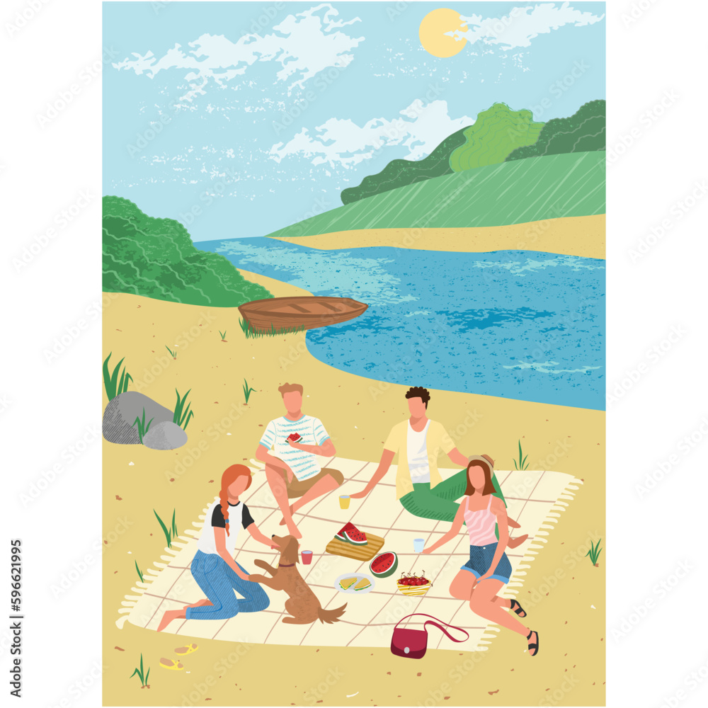 Friends summer picnic on river bank vector cartoon
