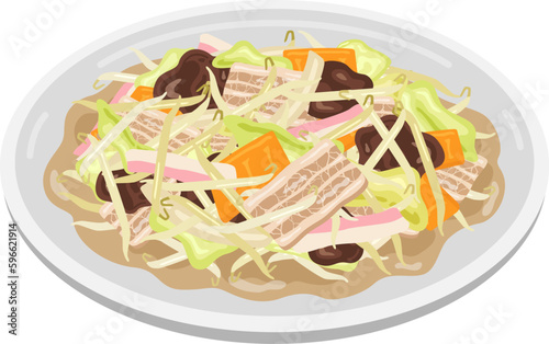 皿に盛り付けられた、野菜炒めのイラスト