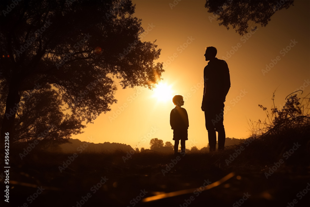 silhouette image of father and son stand in front of a sunset, generative ai