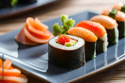 Close up shot of sushi with salmon and wasabi. generative ai