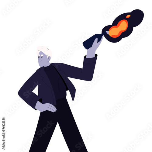 Protester holding Molotov cocktail, fire flame bottle. Street activist, hooligan with hand-made flammable incendiary weapon, burning bomb. Flat vector illustration isolated on white background