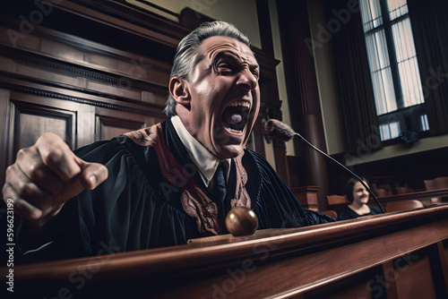 Angry judge shouting at the court session making remarks to the participants in the trial. Violation and insult of the judge and authorities, disrespectful behavior. Generative AI.