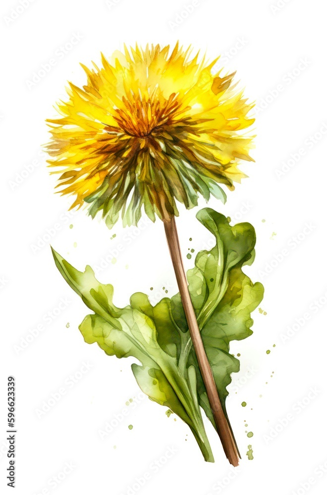 Watercolor illustration of a yellow dandelion isolated on white background. Generative AI.