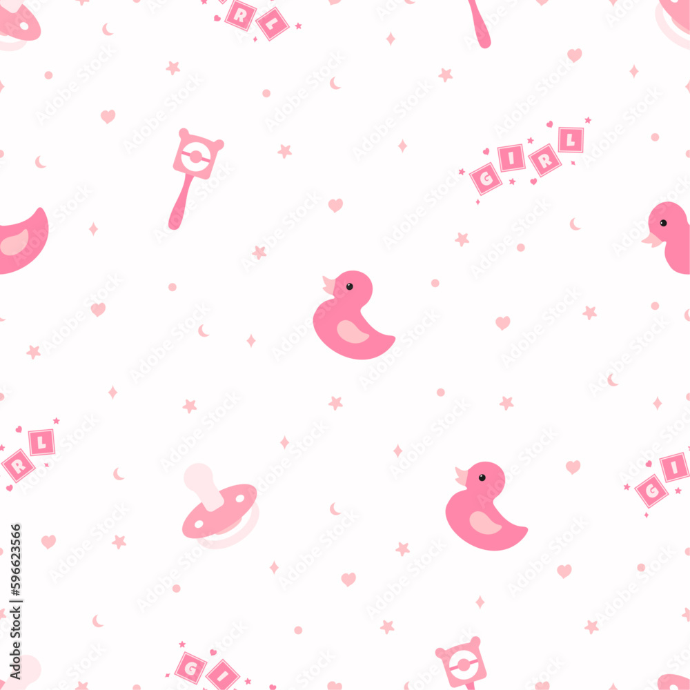 Scrapbook seamless background. Pink baby shower patterns. Cute print with duck, pacifier and rattle