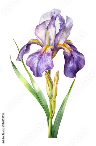 Watercolor illustration of a violet iris flower isolated on white background. Generative AI.