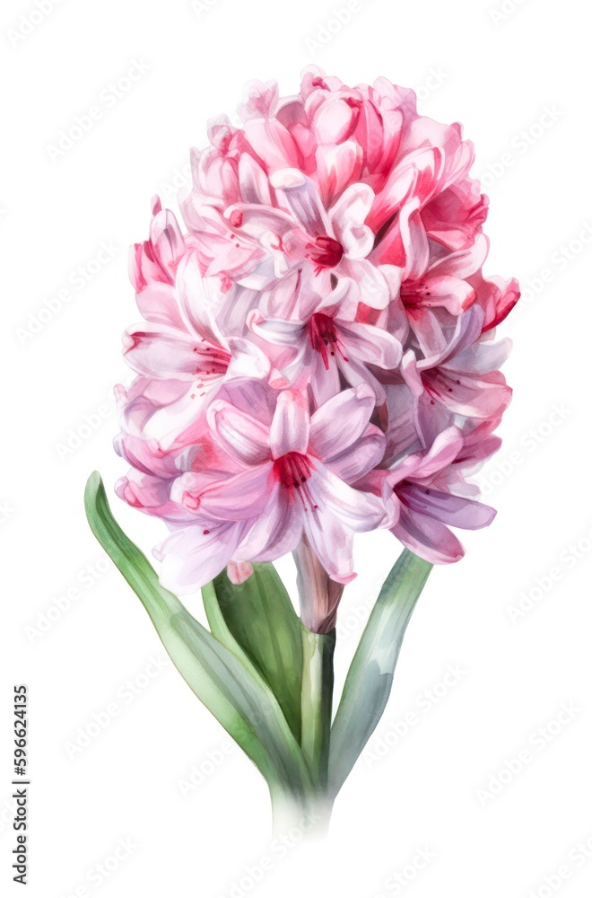 Watercolor illustration of a pink hyacinth flower isolated on white background. Generative AI.