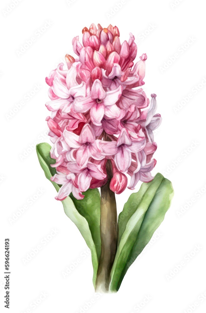 Watercolor illustration of a pink hyacinth flower isolated on white background. Generative AI.