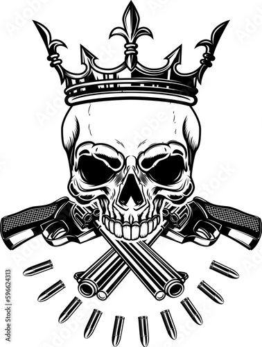Illustration of the skull with crossed revolvers and king crown. Design element for logo, label, sign, emblem. Vector illustration