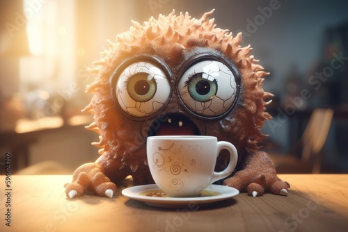 Fantasy coffee monster with crazy eyes. Generate Ai photo