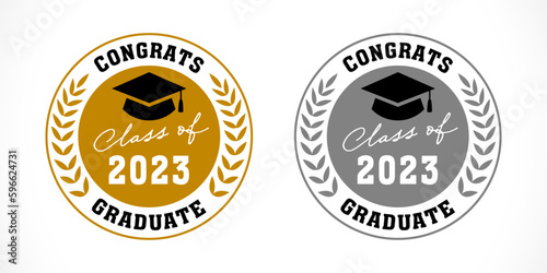 2023 Class of educational medal gold and silver. Congratulations graduate 2023 year badge design with numbers and square academic cap. Vector illustration