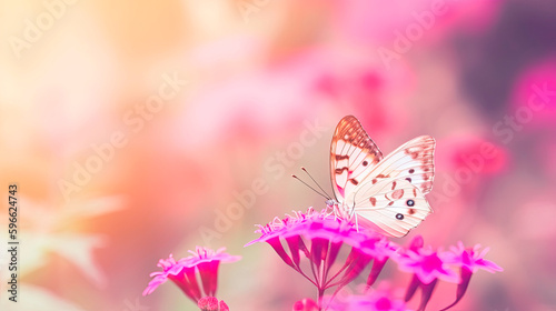 Macro view of a butterfly on pink flowers with blurred background. Generative AI