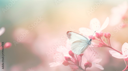 Macro view of a butterfly on pink flowers with blurred background. Generative AI