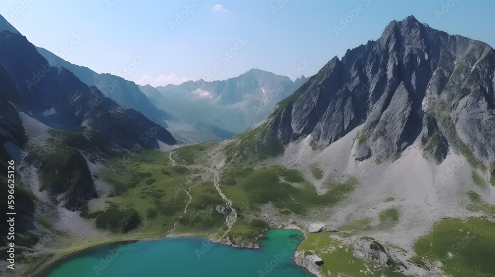 This drone view showcases the rugged beauty of a mountain range, with snow-capped peaks rising up against the bright blue sky. The valleys below are filled with lush green forests and shimmering lakes