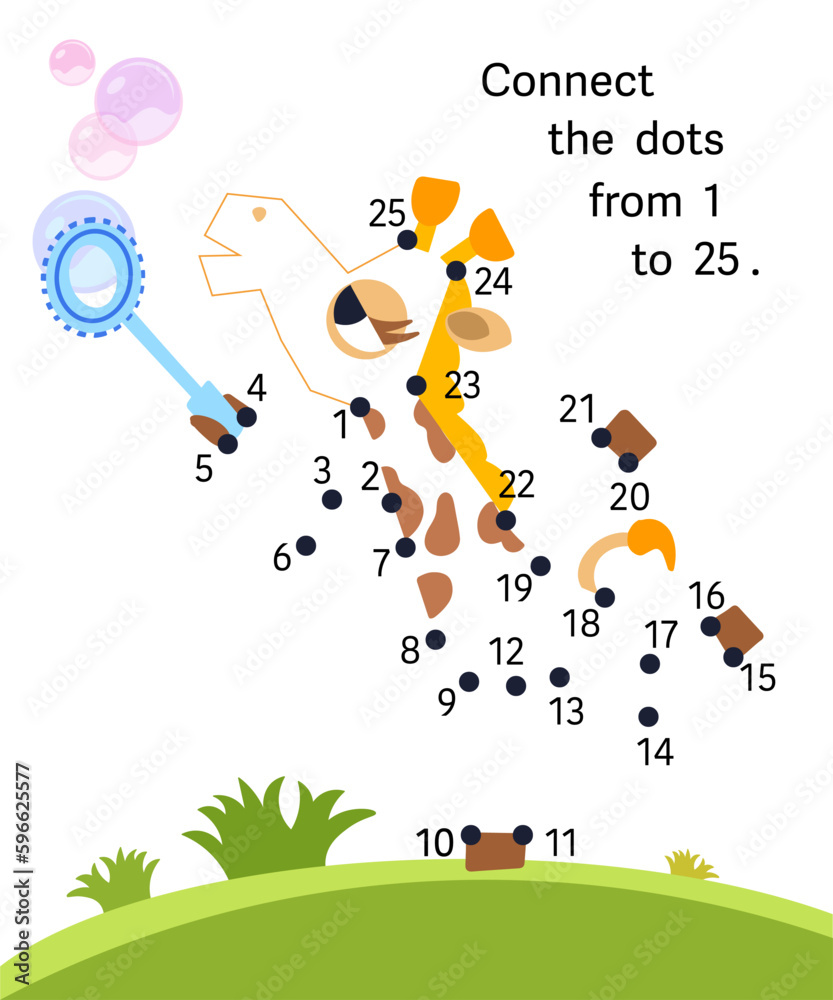 Connect dots from 1 to 25. Educational puzzle game. Math and numbers. Cute giraffe with soap bubbles. Activity page for children. Vector illustration. Connect dots from 1 to 25. Educational puzzle game. Math and numbers. Cute giraffe with soap bubbles. Activity page for children. Vector illustration.