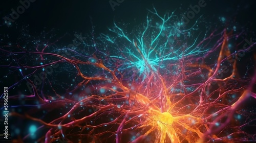 Connections explosion  brain neural network in 3D. Journey in 3D through the complexity of the neural network. Generative ai