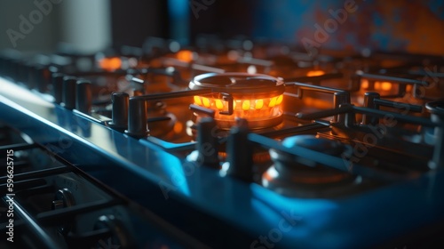 Blue flames dance on gas stove. Generative ai