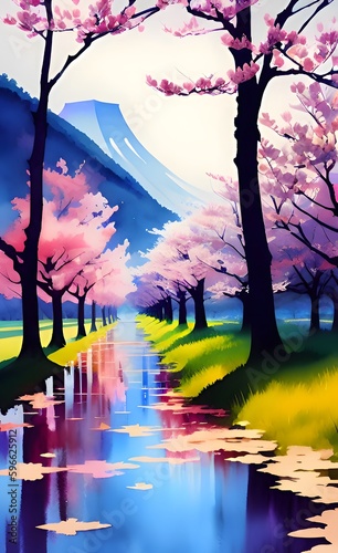 Watercolor Cherry blossom sakura tree, Japanese cherry blossom trees, Pink cherry blossom, nature beauty illustration