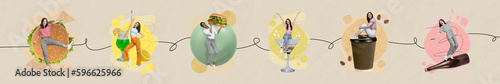 Creative template collage of many ladies holding burgers sandwich cocktail sparkling wine beverage cafeteria order concept