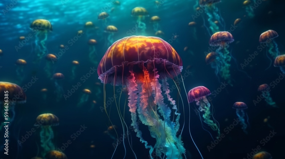 A jellyfish swimming in the ocean with its head turned to the side ...