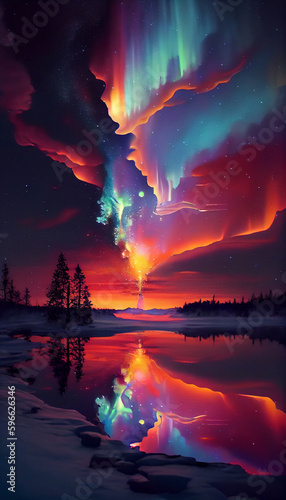 Auroras in the night sky   Polar lights  Northern or southern lights in night sky   Generative AI   Hyper realistic   Photo-realism   Digital art