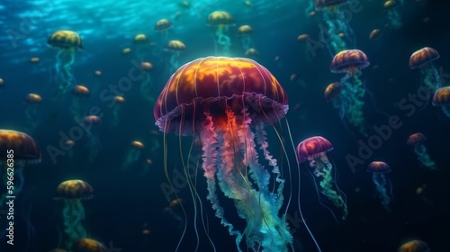 A jellyfish swimming in the ocean with its head turned to the side. Generative ai