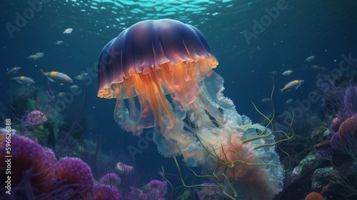 A jellyfish swimming in the ocean with its head turned to the side. Generative ai photo