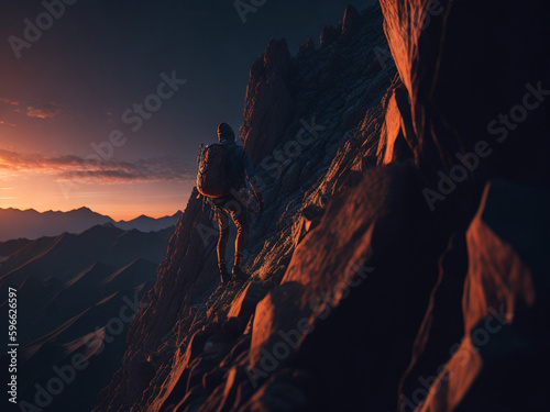 Hiker on the top of the mountain at sunset. AI generated.