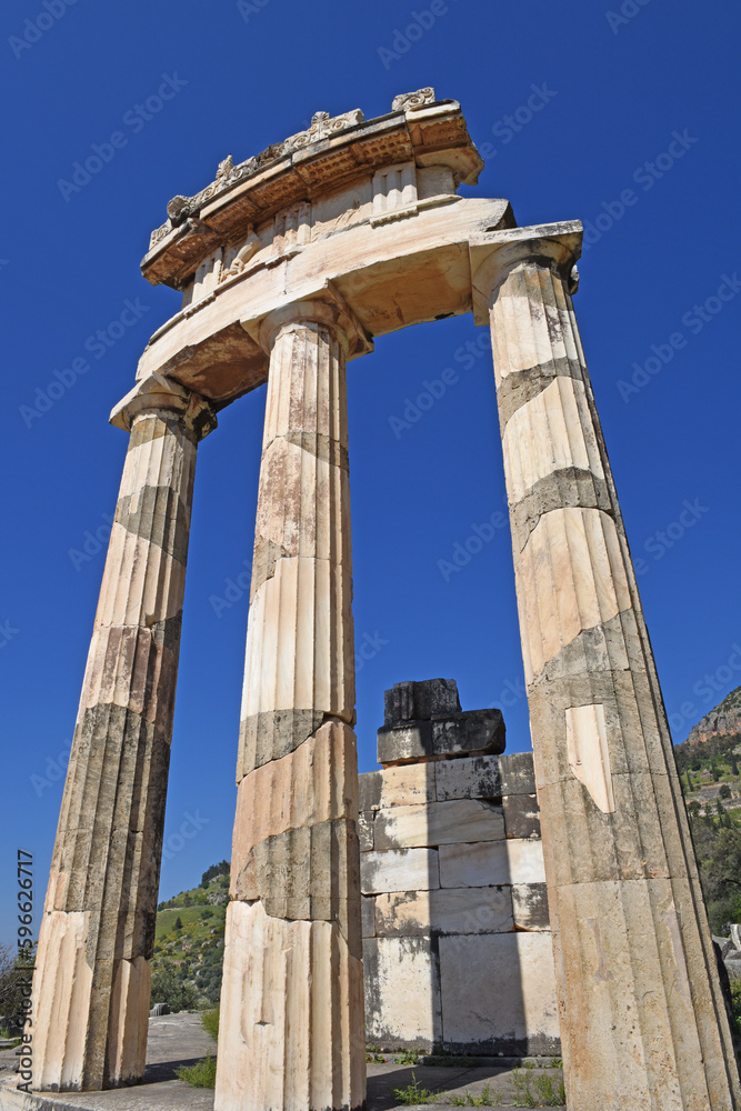 The Tholos of Delphi, a circular temple and one of the ancient structures of the Sanctuary of Athena Pronaia, Delphi, Greece