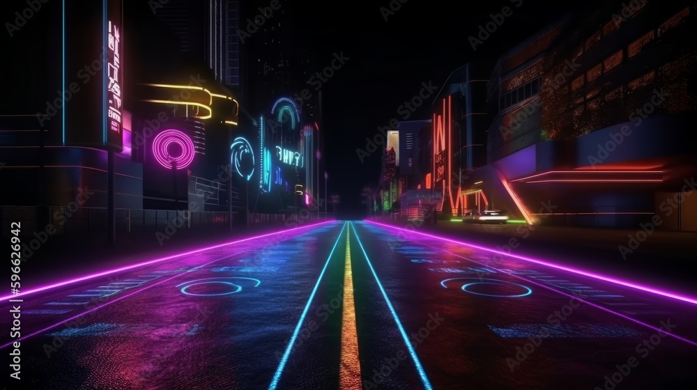 Obraz premium Neon color roadmap street dark background. Generative ai