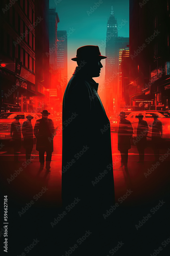 silhouette of male detective spy in hat with a double exposure in night ...