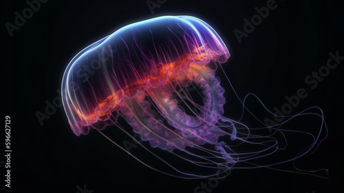 Amazing photography of a majestic neon and fluorescent jellyfish. Generative ai © cac_tus