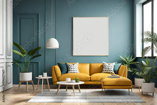 wall gallery mockup in cozy sitting area, Plant inside room. Generative AI