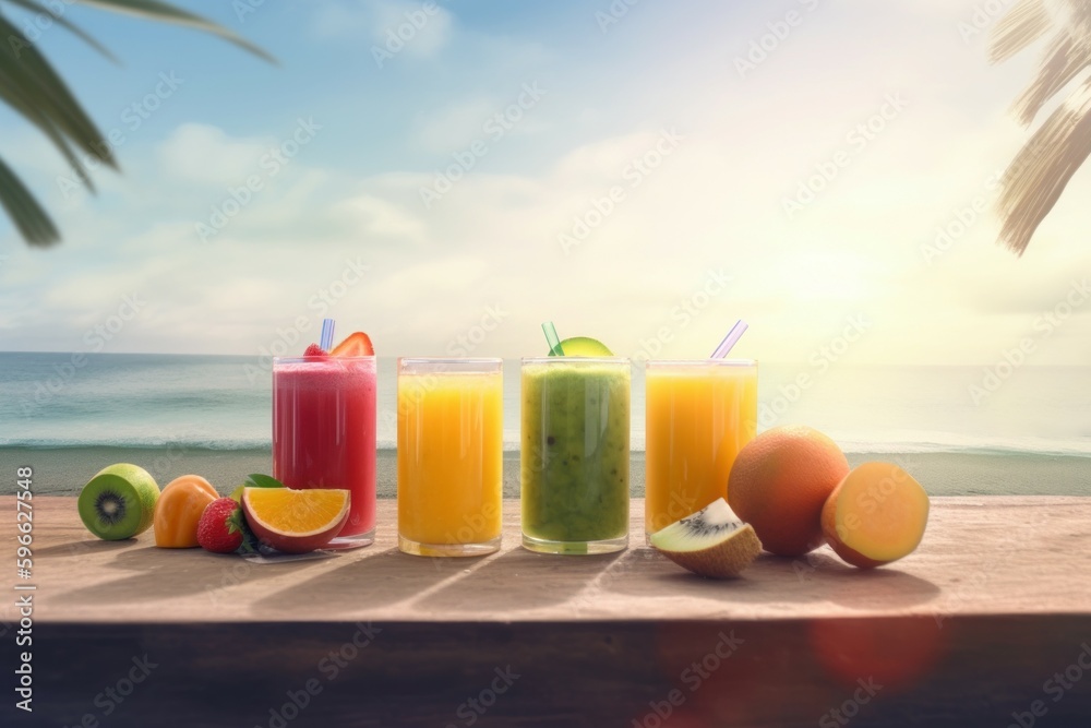 Fototapeta premium Fresh juice fruits on beach. Generate Ai