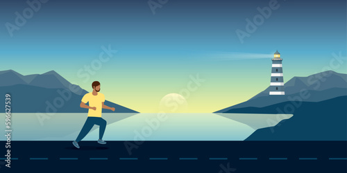 jogging man on seascape outdoor sport summer holiday design