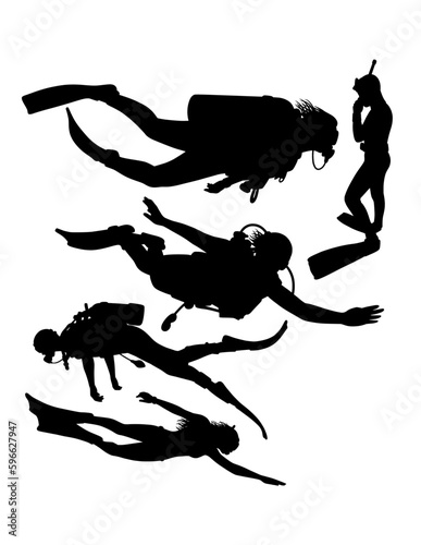 scuba diving and snorkeling male and female divers pose silhouette