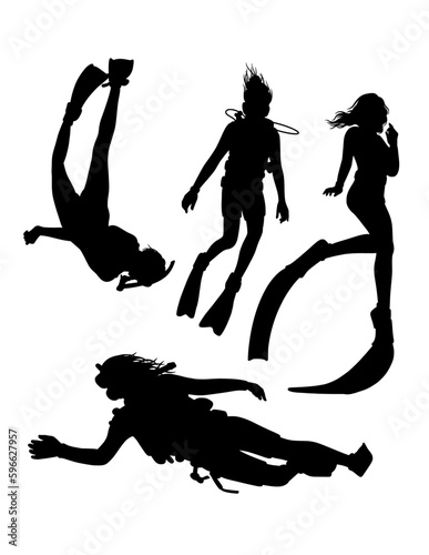 scuba diving and snorkeling male and female divers pose silhouette