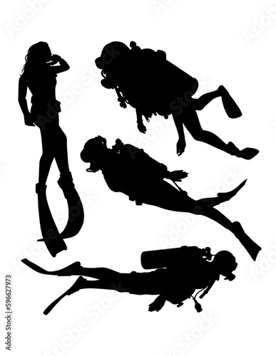 scuba diving and snorkeling male and female divers pose silhouette