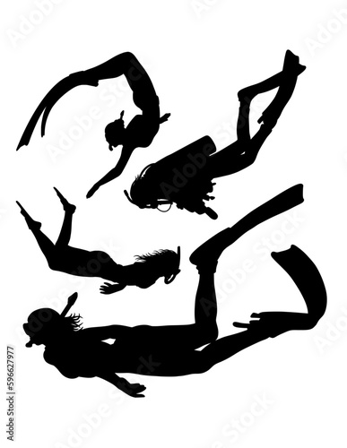 scuba diving and snorkeling male and female divers pose silhouette