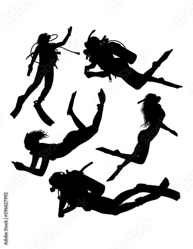 scuba diving and snorkeling male and female divers pose silhouette