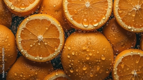 Fresh oranges with water drops on dark background  top view. AI Generative