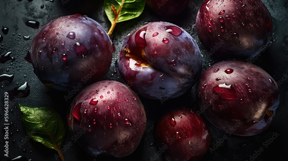 Fresh ripe plums with water drops background. Fruits backdrop. Generative AI Fresh ripe plums with water drops background. Fruits backdrop. Generative AI