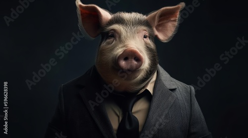 Pig in suit: Studio Shot of a Pig in Business clothes, Mixing Professional and Animal portrait concept in 8K created with generative ai technology