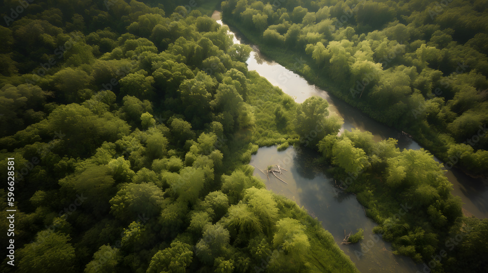 From above, this drone view reveals the vastness and natural beauty of a dense forest, with a winding river cutting through the center. The lush green trees stretch out as far as the eye can see, crea From above, this drone view reveals the vastness and natural beauty of a dense forest, with a winding river cutting through the center. The lush green trees stretch out as far as the eye can see, crea