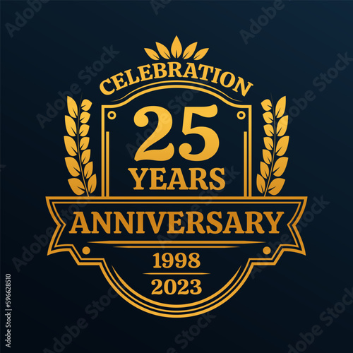 25 years anniversary icon or logo. Vintage birthday banner design. 25th anniversary yubilee celebration badge or label. Vector illustration.