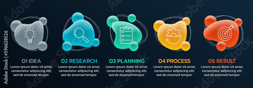 5 steps, options infographic with business icons. 3d timeline info graphic design with abstract liquid shapes. Modern presentation layout, flow chart. Process diagram concept. Vector illustration.