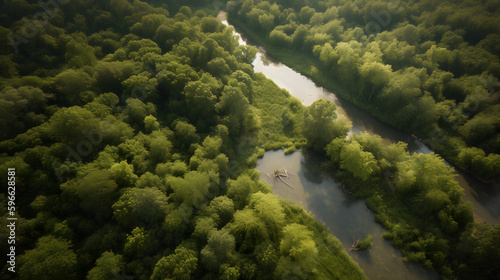 From above, this drone view reveals the vastness and natural beauty of a dense forest, with a winding river cutting through the center. The lush green trees stretch out as far as the eye can see, crea